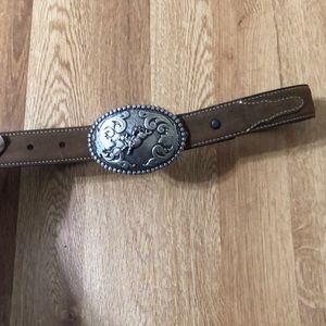 Boys leather belt western buckle 22 cowboy rodeo